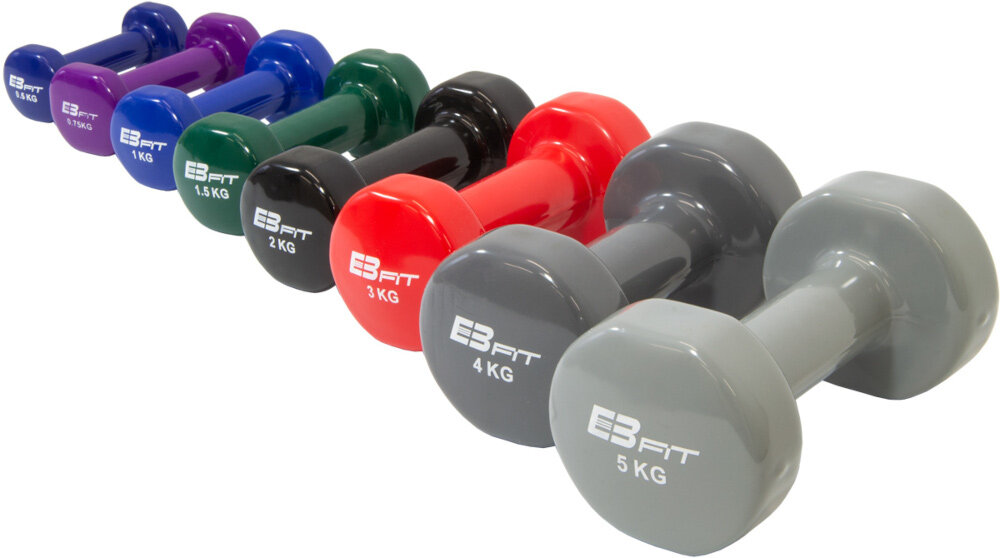 Hantla EB FIT VDB (0.5 kg) z wysokiej jakości komponentów wewnętrzna warstwa żeliwna zabezpieczona winylem łatwy w czyszczeniu pokrycie winylowe wydłuża żywotność nadaje estetyczny wygląd