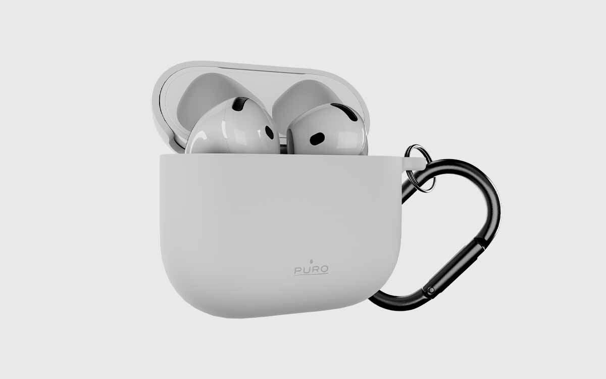 Etui na słuchawki PURO Icon do Apple AirPods 4 miękkie w dotyku silikonowe etui ochronne do etui ładującego, etui po skosie na szarym tle