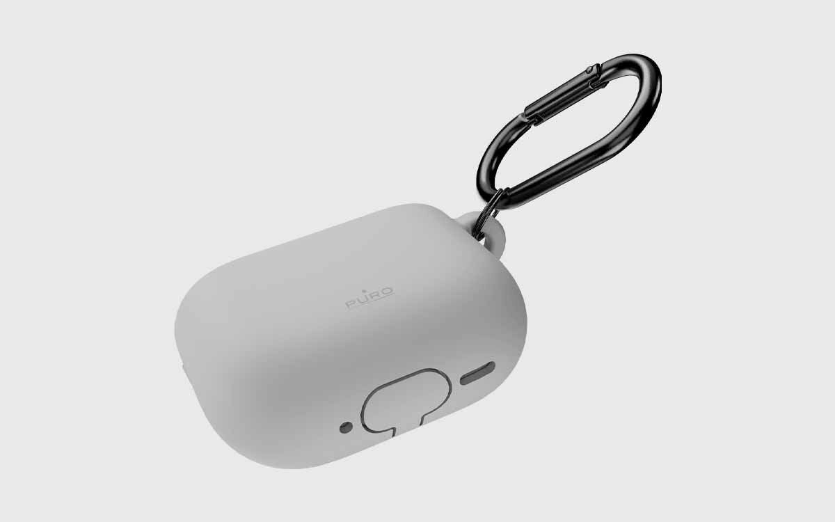 Etui na słuchawki PURO Icon do Apple AirPods 4 miękkie wykończenie ochrona przed zarysowaniami wygodny chwyt, etui po skosie na szarym tle