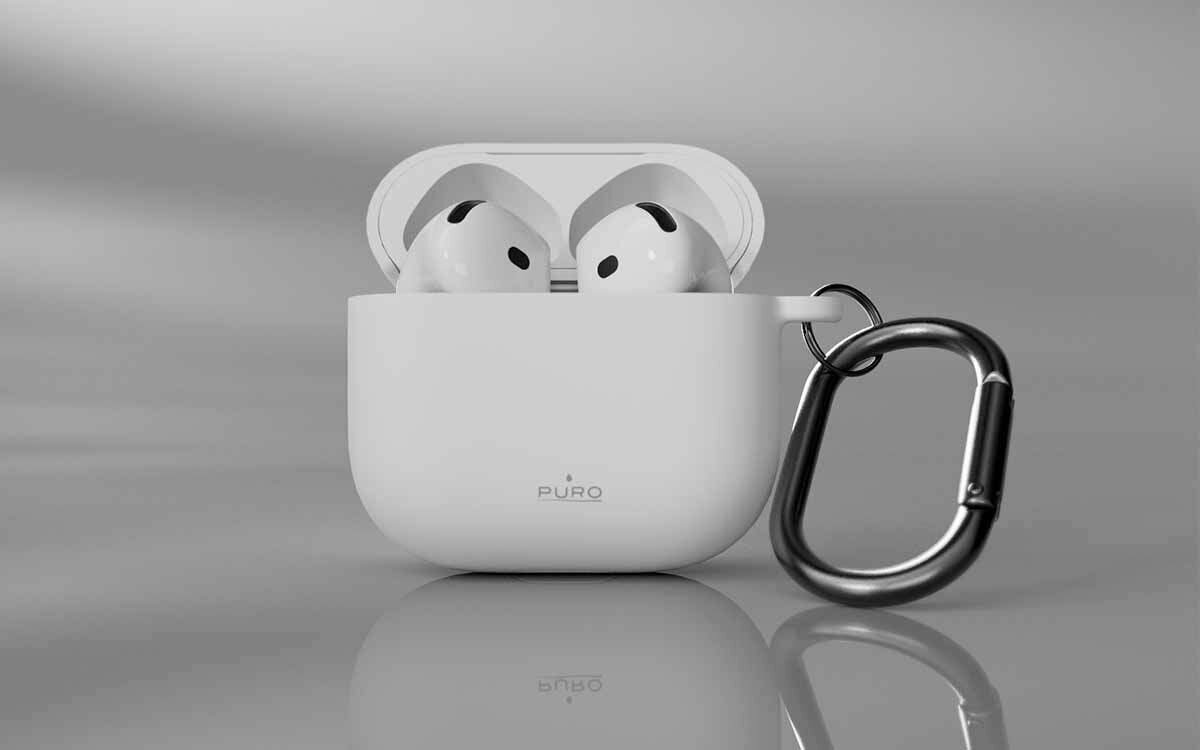 Etui na słuchawki PURO Icon do Apple AirPods 4 silikonowe elastyczne etui miękki materiał pewny chwyt, etui po skosie na szarym tle