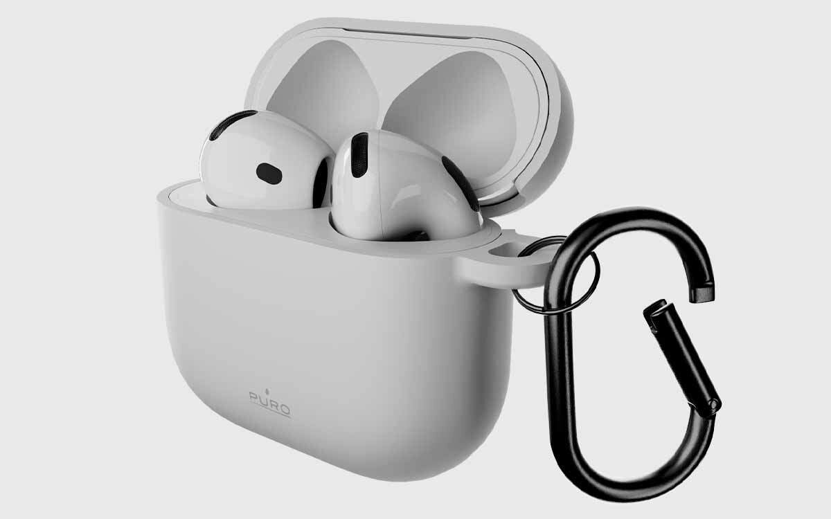 Etui na słuchawki PURO Icon do Apple AirPods 4 precyzyjne dopasowanie stabilna ochrona etui ładującego, etui po skosie na szarym tle