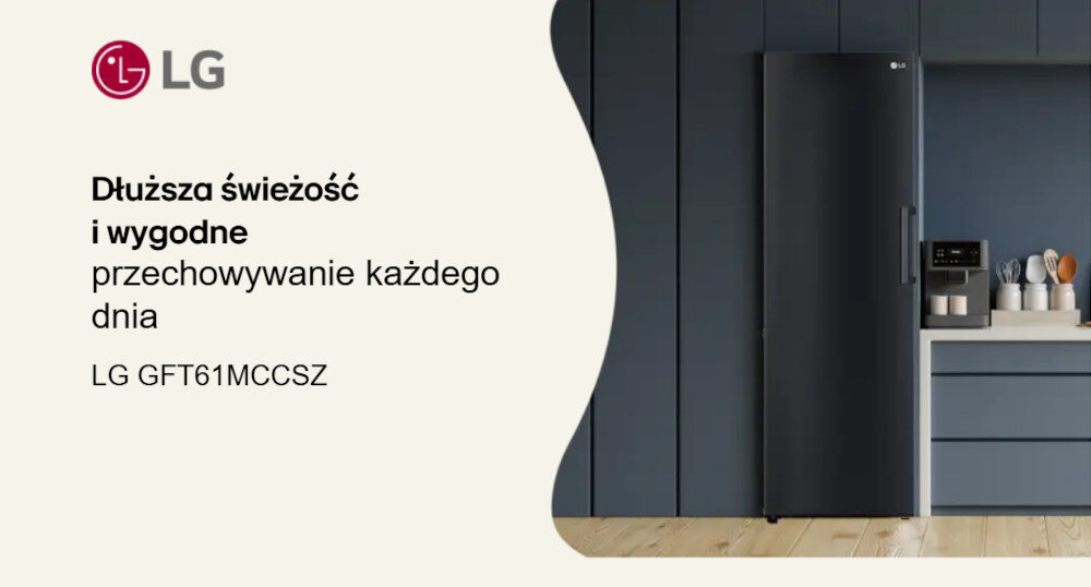 ZAMRAŻARKA LG GFT61MCCSZ Grafika promocyjna lodówki LG z napisem „Więcej przestrzeni, zero szronu i pełna kontrola nad świeżością każdego dnia” oraz oznaczeniem modelu LG GFT61MCCSZ. Urządzenie stoi w ciemnej zabudowie kuchennej z podświetlanym blatem