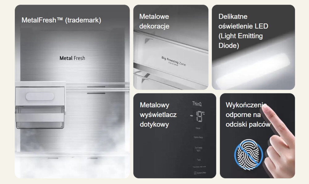 ZAMRAŻARKA LG GFT61MCCSZ Infografika prezentuje cechy lodówki, m.in. „MetalFresh™”, oświetlenie LED, metalowy panel dotykowy i powłokę odporną na odciski palców. Każda funkcja pokazana jest w osobnym polu z opisem Metal Fresh™ to zbitka zwrotów „metalowa laminowana konstrukcja” zastosowana na wylocie zimnego powietrza i „NatureFresh” od LINEARCooling™ i DoorCooling+™. Zastosowanie metalowych komponentów samo w sobie nie sprawia, że żywność w lodówce jest świeższa metaliczne wykończenie design elegancki wygląd trwałość komfort użytkowania