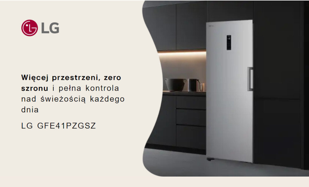ZAMRAŻARKA LG GFE41PZGSZ Grafika promocyjna lodówki LG z napisem „Więcej przestrzeni, zero szronu i pełna kontrola nad świeżością każdego dnia” oraz oznaczeniem modelu LG GFE41PZGSZ. Urządzenie stoi w ciemnej zabudowie kuchennej z podświetlanym blatem