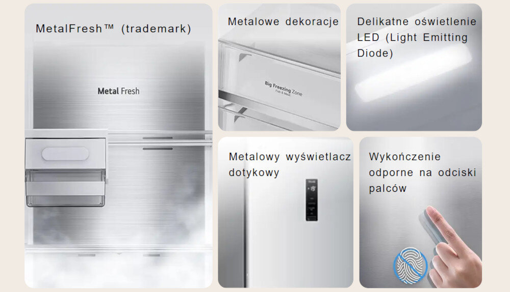ZAMRAŻARKA LG GFE41PZGSZ Infografika prezentuje cechy lodówki, m.in. „MetalFresh™”, oświetlenie LED, metalowy panel dotykowy i powłokę odporną na odciski palców. Każda funkcja pokazana jest w osobnym polu z opisem Metal Fresh™ to zbitka zwrotów „metalowa laminowana konstrukcja” zastosowana na wylocie zimnego powietrza i „NatureFresh” od LINEARCooling™ i DoorCooling+™. Zastosowanie metalowych komponentów samo w sobie nie sprawia, że żywność w lodówce jest świeższa metaliczne wykończenie design elegancki wygląd trwałość komfort użytkowania