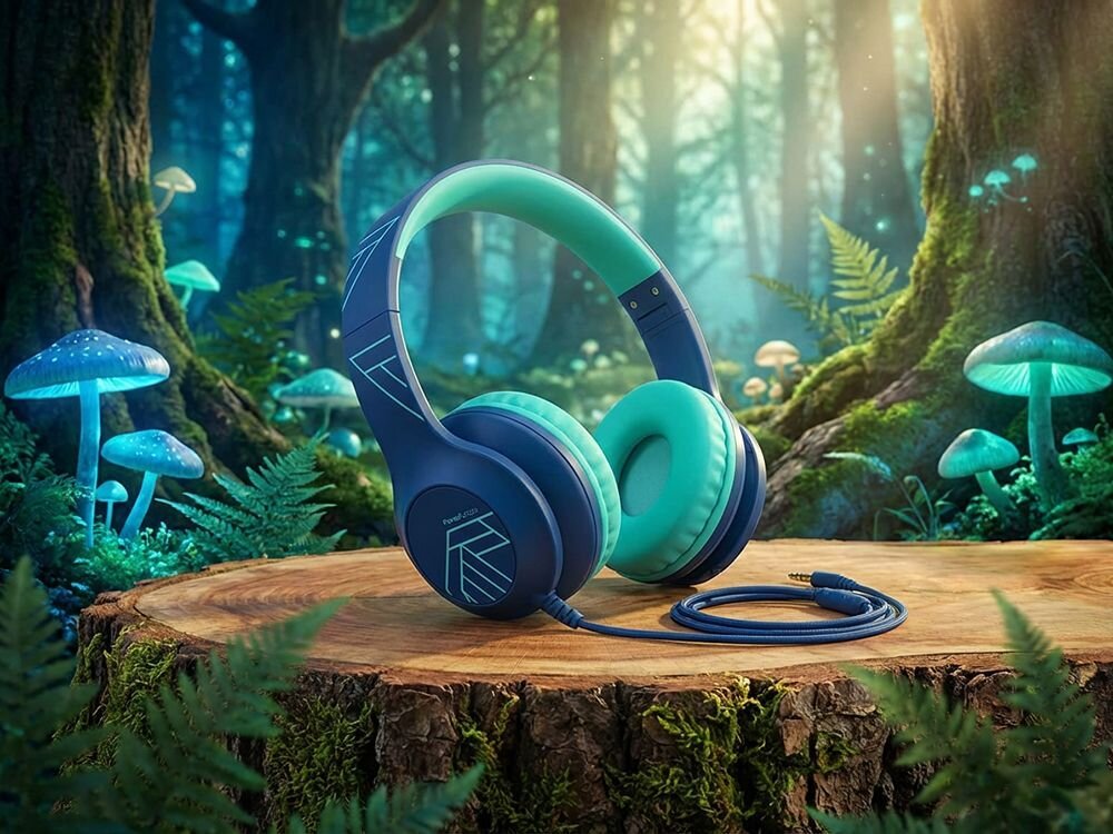 Słuchawki nauszne POWERLOCUS Pled Wired z mikrofonem, redukcja szumów, nauka i rozmowy online, słuchawki nauszne po skosie stojące na pniu drzewa