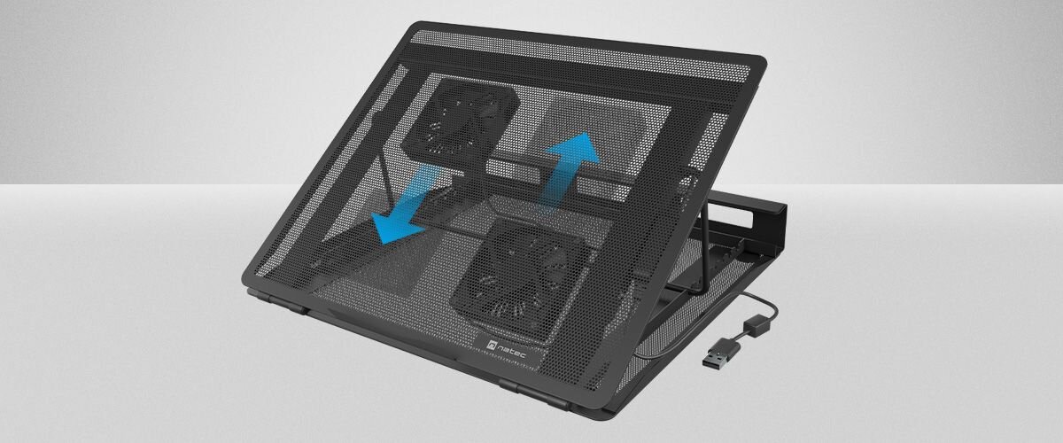 Natec Tern 2 Plus skutecznym odprowadzaniu ciepła magnetycznego mocowania wentylatorów strumień powietrza - Urządzenie z regulowanymi elementami przedstawione z boku i podłączone kablem.