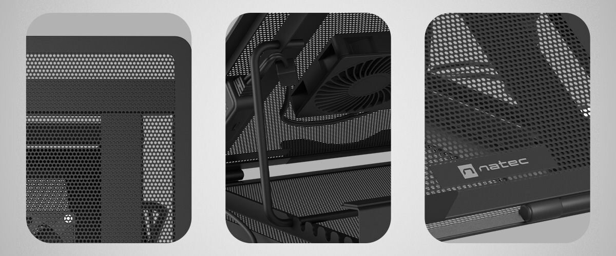 Natec Tern 2 Plus Wysokiej jakości materiały, dobre spasowanie elementów oraz przemyślana budowa Otwory w przednim panelu wylot nagrzanego powietrza - Zbliżenia obudowy komputera, na której widać siatkowe panele i wewnętrzne elementy.
