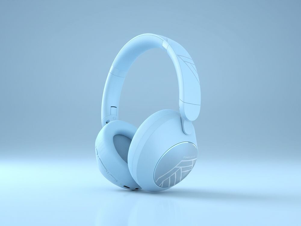 Słuchawki nauszne POWERLOCUS Orion muzyka inspiracja dźwięk Hi-Fi, słuchawki po skosie na niebieskim tle