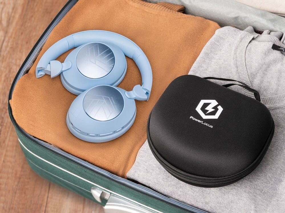 Słuchawki POWERLOCUS Orion 70 godzin pracy USB-C kabel AUX, słuchawki nauszne leżące wraz z etui na walizce