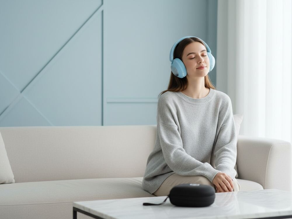 Słuchawki POWERLOCUS Orion memory foam komfort over-ear obrotowe muszle, osoba z założonymi słuchawkami nausznymi siedząca na sofie