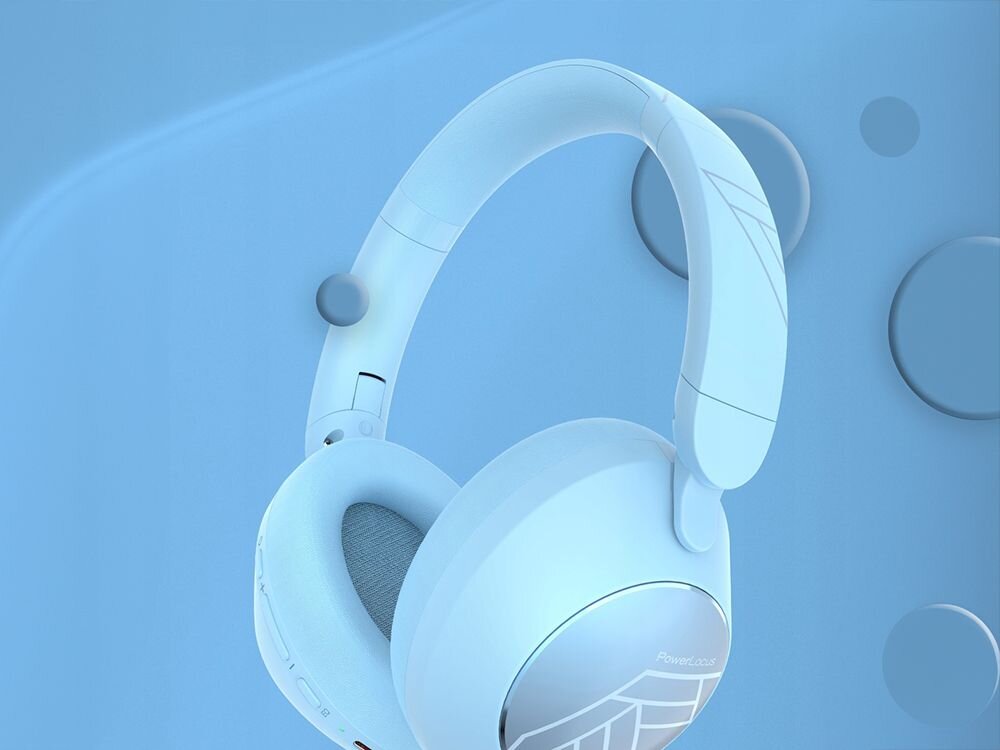 Słuchawki POWERLOCUS Orion Bluetooth 5.4 mikrofon rozmowy sterowanie, osoba z założonymi słuchawkami nausznymi ćwicząca na siłowni, słuchawki po skosie na niebieskim tle