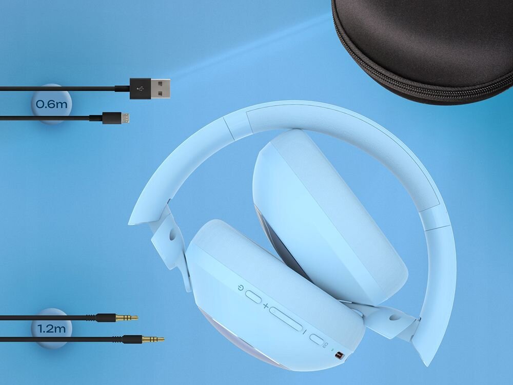 Słuchawki POWERLOCUS Orion składane etui podróżne ochrona, złożone słuchawki na niebieskim tle