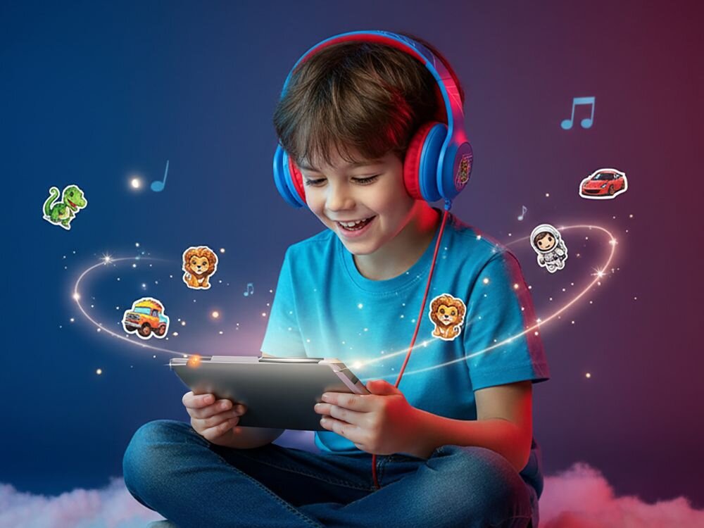 Słuchawki nauszne POWERLOCUS Pled Wired przewodowe dla dzieci, komfortowe nauszniki, kontrola głośności, dziecko z założonymi słuchawkami nausznymi