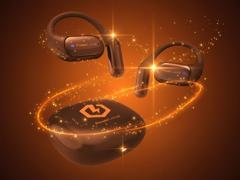Słuchawki powietrzne POWERLOCUS Mkids1 dla dzieci bezpieczne użytkowanie, słuchawki powietrzne z etui ładującym na ciemnozłotym tle