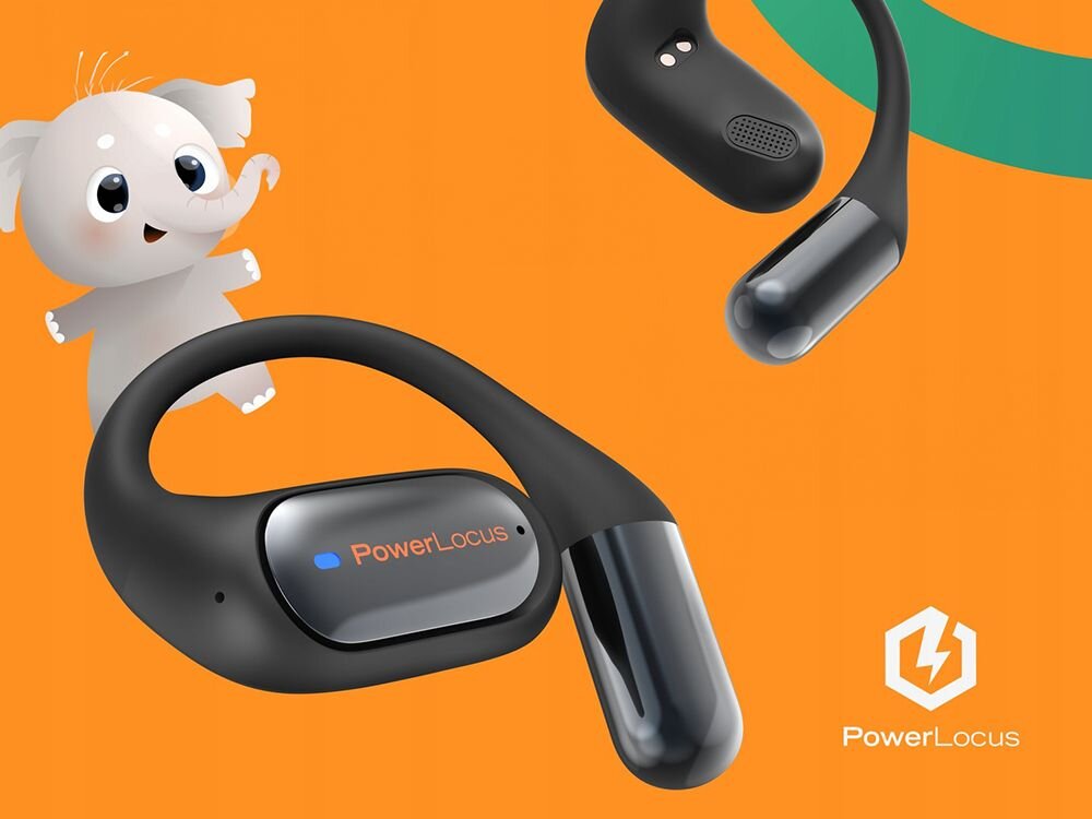 Słuchawki powietrzne POWERLOCUS Mkids1 Bluetooth AUX microSD 32 GB, słuchawki powietrzne na pomarańczowym tle