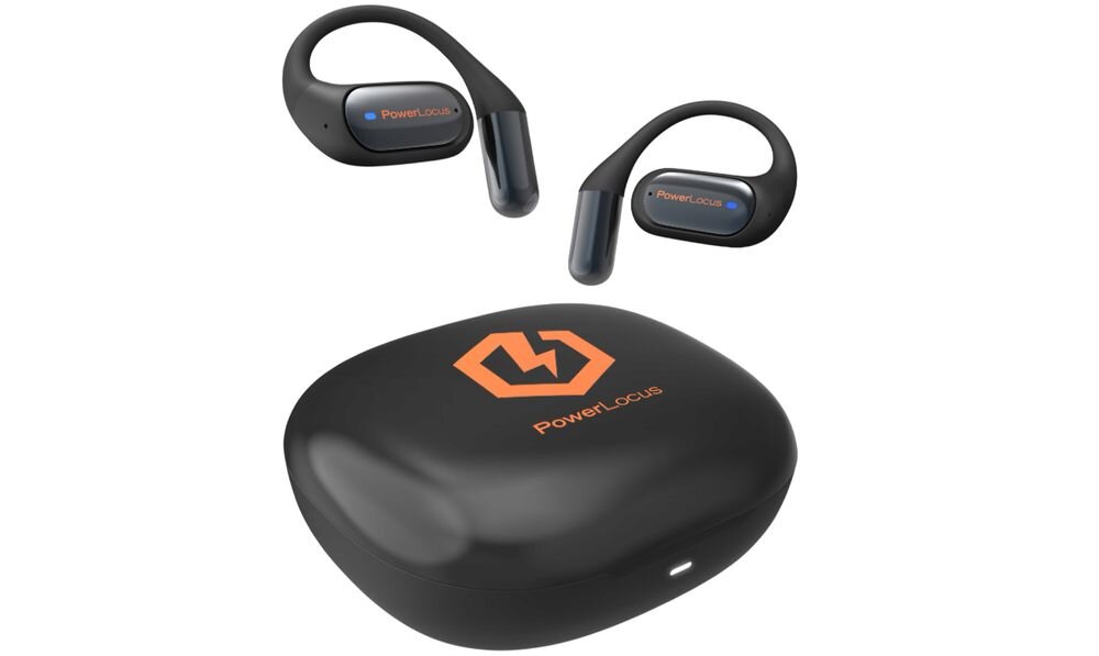 Słuchawki powietrzne POWERLOCUS Mkids1 mikrofon nauka zdalna rozmowy, słuchawki powietrzne wraz z etui ładującym na białym tle