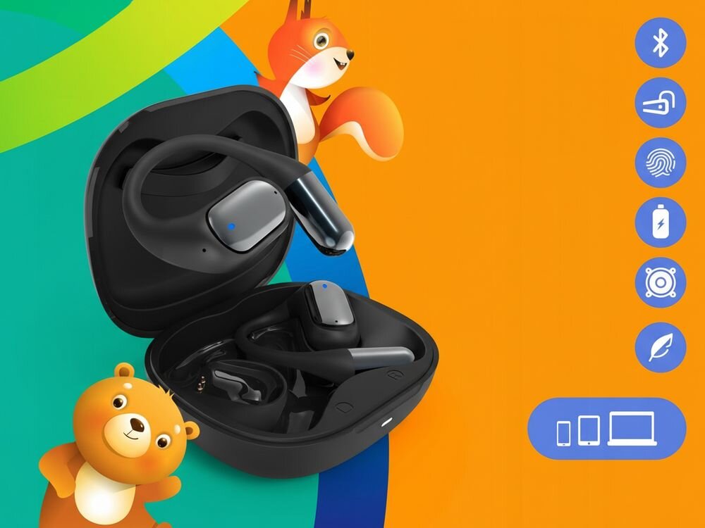 Słuchawki powietrzne POWERLOCUS Mkids1 dane techniczne Bluetooth 5.0 85 dB, słuchawki powietrzne wraz z etui ładującym na kolorowym tle