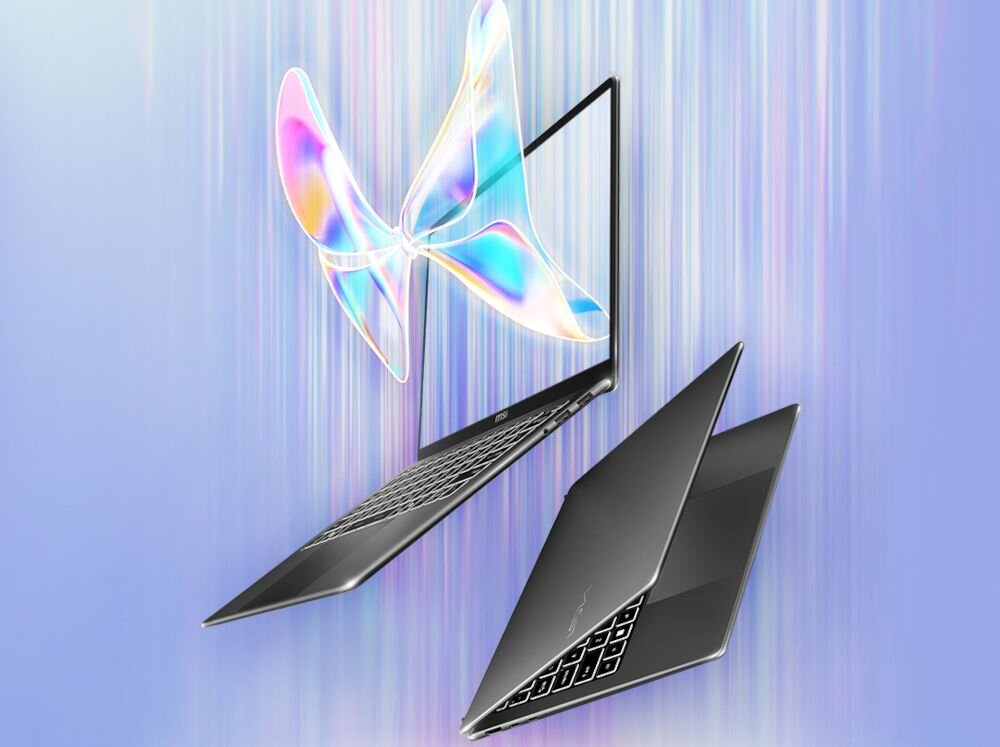 Dwa laptopy MSI Prestige z motywem kolorowego motyla na ekranie pokazane na niebieskim gradientowym tle      