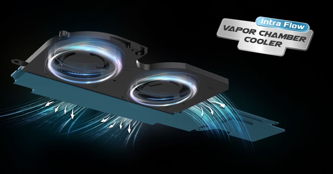 Grafika prezentuje chłodzenie Intra Flow Vapor Chamber Cooler w laptopie MSI Prestige, wspierające cichą pracę biurową. - Vapor Chamber Cooler  