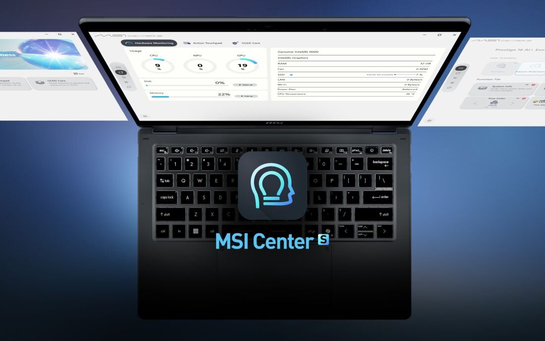 Laptop MSI Prestige z uruchomioną aplikacją MSI Center S na ekranie jest pokazany na ciemnym tle do pracy biurowej. - Aplikacja MSI Center S 
