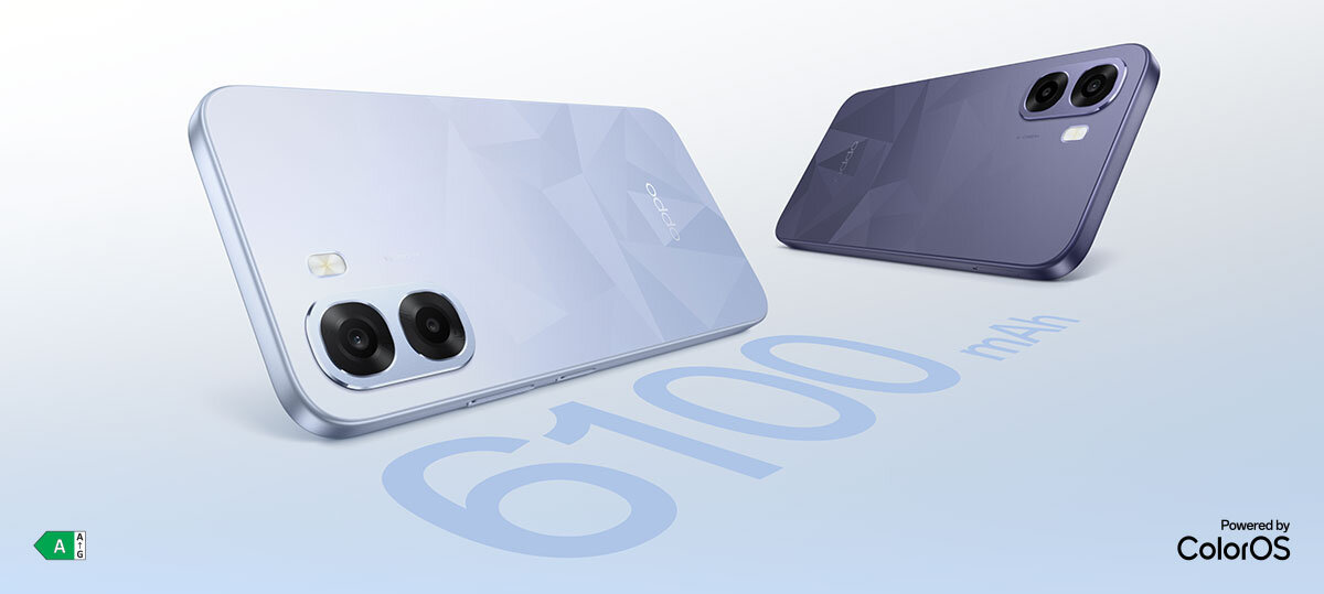 Dwa smartfony w jasnofioletowym kolorze z widocznymi aparatami i napisem \'6100 mAh\'. W prawym dolnym rogu znajduje się logo \'Powered by ColorOS\'.