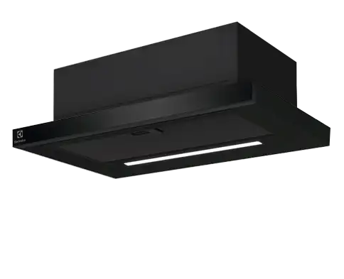 Czarny okap kuchenny z prostokątnym panelem i wbudowanym oświetleniem LED. Na panelu widoczne jest logo Electrolux.