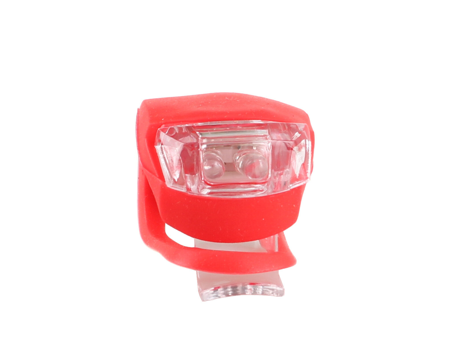 Czerwona silikonowa lampka rowerowa z przezroczystą obudową na diody LED. Produkt ma elastyczny pasek do mocowania.