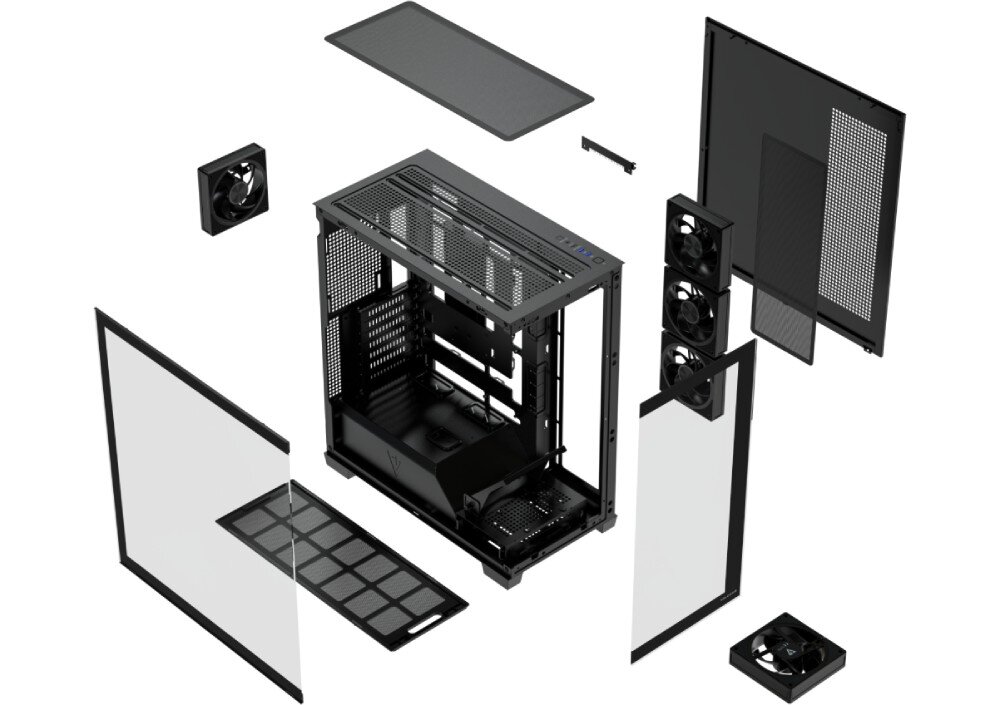 Obudowa MODECOM Volcano Stellar Plus ARGB 5F Midi Schemat graficzny rozłożonej na części obudowy komputerowej, prezentujący poszczególne elementy konstrukcyjne, takie jak szkielet, panele ze szkła i metalu oraz filtry