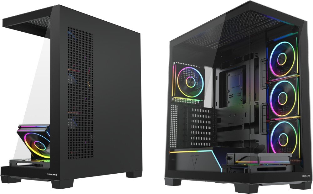 Obudowa MODECOM Volcano Stellar Plus ARGB 5F Midi Dwa ujęcia czarnej obudowy na białym tle, ukazujące jej wygląd z lewej i prawej strony z widocznym kolorowym podświetleniem wentylatorów