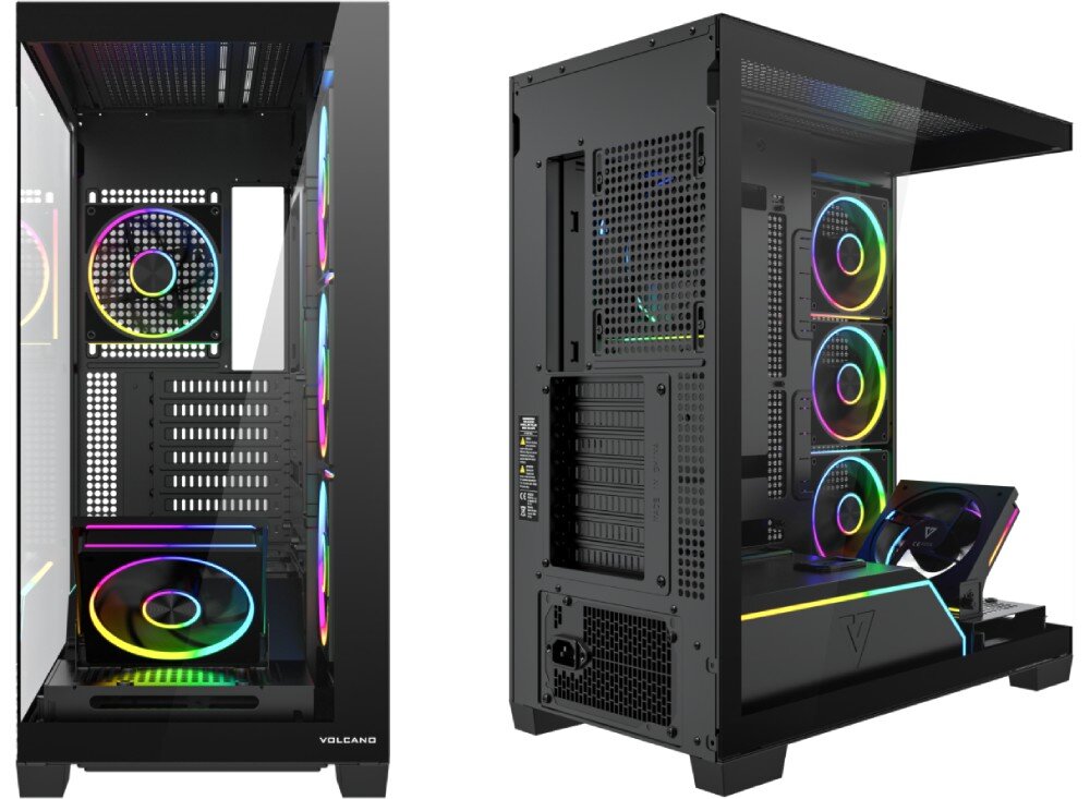 Obudowa MODECOM Volcano Stellar Plus ARGB 5F Midi Zestawienie dwóch widoków obudowy, przedstawiające ją od strony przeszklonego frontu oraz od tyłu z widocznymi śledziami kart rozszerzeń i wentylacją