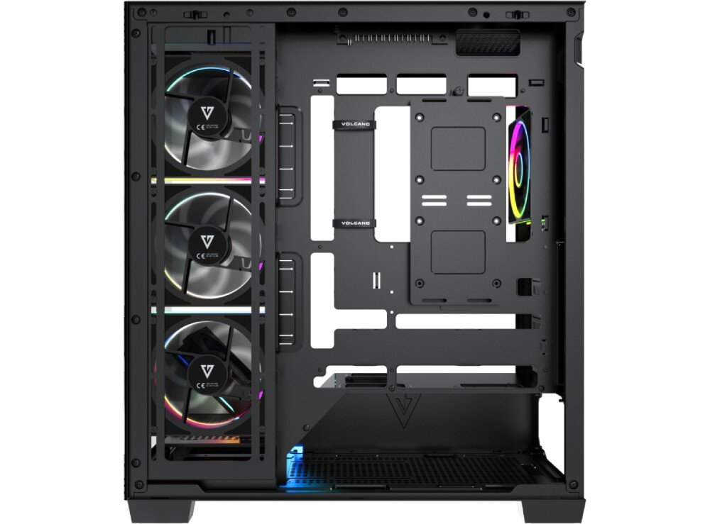 Obudowa MODECOM Volcano Stellar Plus ARGB 5F Midi Widok wnętrza obudowy od strony serwisowej po zdjęciu panelu bocznego, ukazujący system zarządzania okablowaniem i miejsca montażowe na dyski