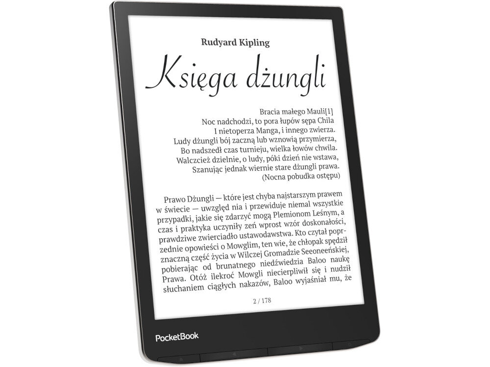 Czytnik e-booków wyświetla tekst książki \'Księga dżungli\' autorstwa Rudyarda Kiplinga. Na dole ekranu widoczny jest numer strony \'2/178\' oraz logo \'PocketBook\'.