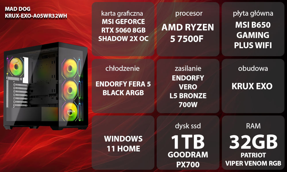 Komputer MAD DOG KRUX-EXO-A05WR32WH R5-7500F 32GB RAM 1TB SSD GeForce RTX5060 DLSS 4 Wi-Fi Windows 11 Home Grafika przedstawiająca specyfikację komputera. Po lewej stronie widoczny komputer, opis
