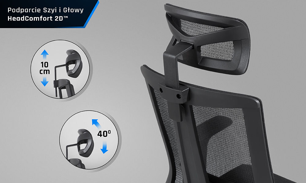 Obraz przedstawia czarny fotel z siatkowym oparciem i regulowanym zagłówkiem. Widoczny jest tekst: \'Podparcie Szyi i Głowy HeadComfort 2D™\', a obok znajdują się ikony wskazujące regulację zagłówka o 10 cm i 40°.