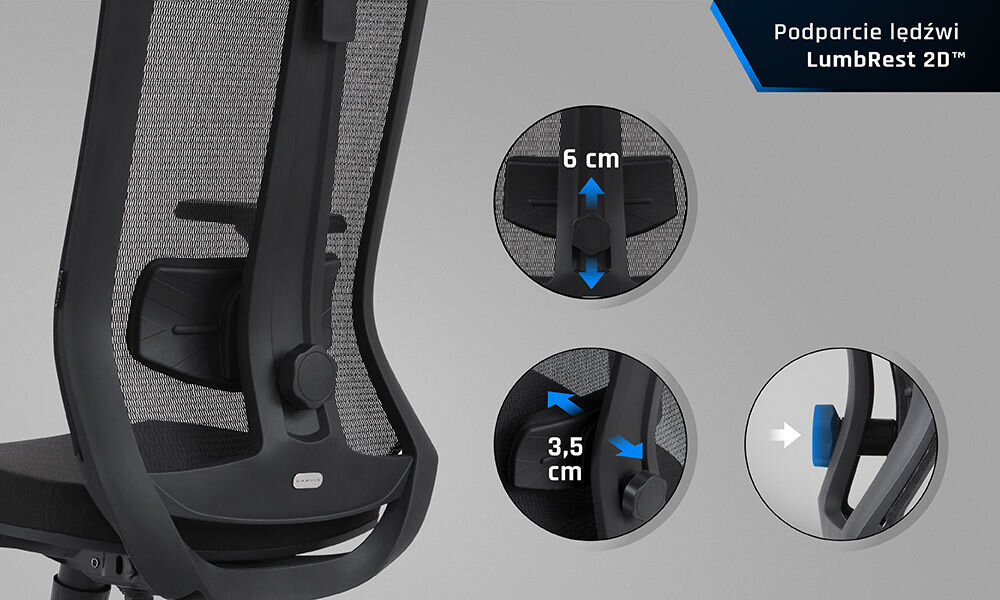 Obraz przedstawia czarny fotel biurowy z siatkowym oparciem i regulowanym podparciem lędźwiowym. Widoczne są dwa okrągłe zbliżenia pokazujące zakres regulacji: 6 cm i 3,5 cm, oraz tekst \'Podparcie lędźwi LumbRest 2D™\'.