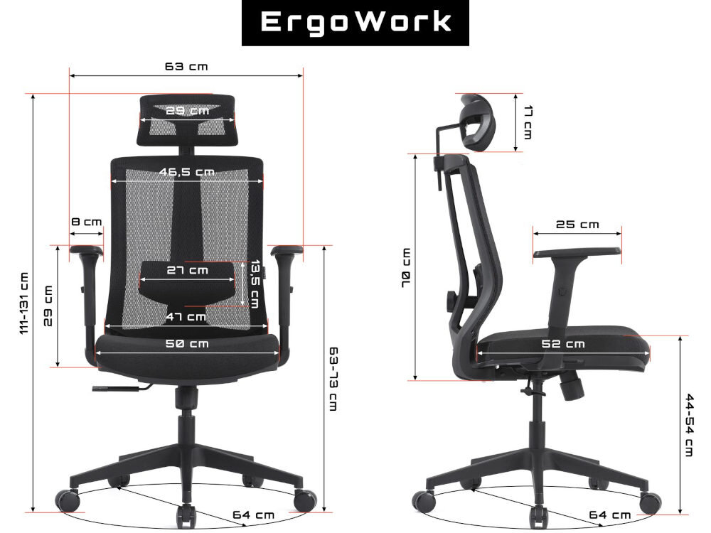 Obraz przedstawia czarny fotel biurowy z siatkowym oparciem i regulowanym zagłówkiem, oznaczony jako ErgoWork. Widoczne są wymiary poszczególnych elementów fotela, takie jak szerokość siedziska 50 cm i wysokość oparcia 135 cm.