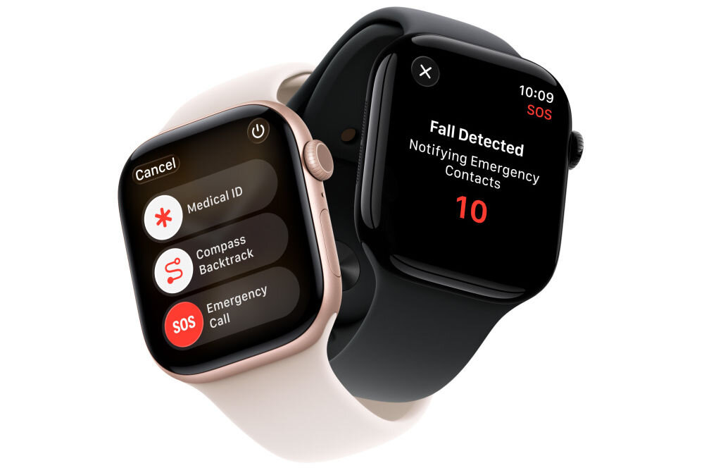 Apple Watch 11 GPS + Cellular 42mm koperta z aluminium (onyks) + pasek sportowy rozmiar M/L (czarny) prezentacja dwóch zegarków z włączonymi funkcjami bezpieczeństwa na białym tle bezpieczeństwo SOS wykrywanie upadków i wypadków karta medyczna