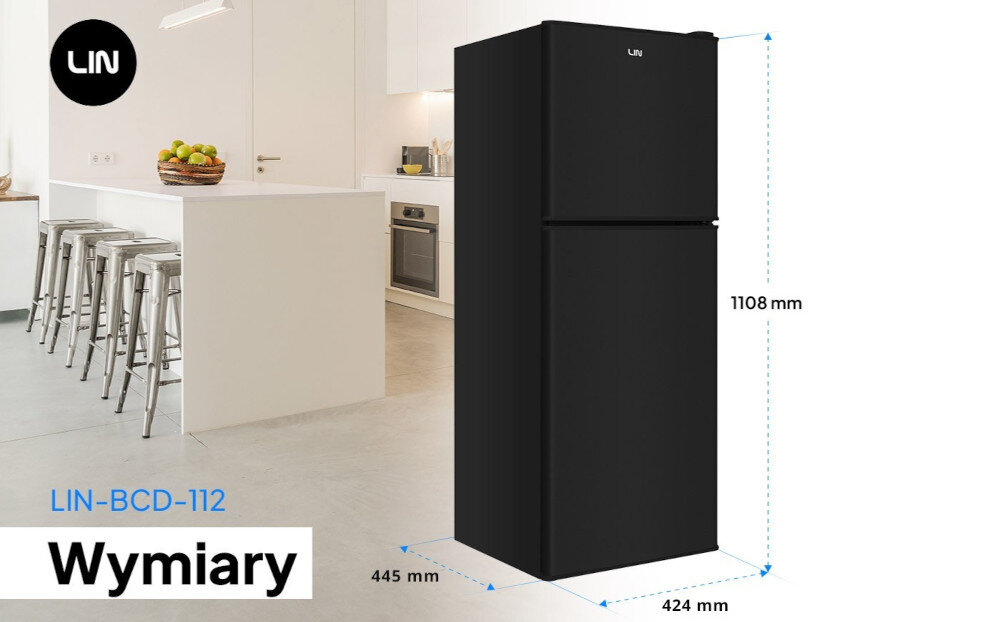 LODÓWKA LIN LI-BCD-112 CZARNA lifestyle kuchnia front zamknięte drzwi kolor czarny wymiary pojemność 72 l wnętrze półki pojemnik na jajka podział chłodzenie mrożenie