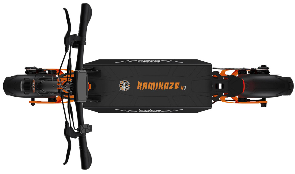 Hulajnoga elektryczna KAMIKAZE K1 60km 1000W 10 cali Czarny hulajnoga na białym tle widoczna z góry wytrzymała konstrukcja z wysokiej jakości aluminium dla osób o maksymalnej wadze do 120 kg spory deck powierzchnia z antypoślizgową powłoką