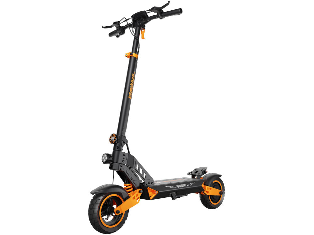 Hulajnoga elektryczna KAMIKAZE K1 60km 1000W 10 cali Czarny hulajnoga na białym tle widoczna od przodu pod skosem zaawansowany system KERS odzyskiwanie energii podczas hamowania energia kinetyczna zamieniana jest w elektryczną i wraca do akumulatora zwiększa się realny zasięg hulajnogi dodatkowe kilometry bez konieczności częstego ładowania