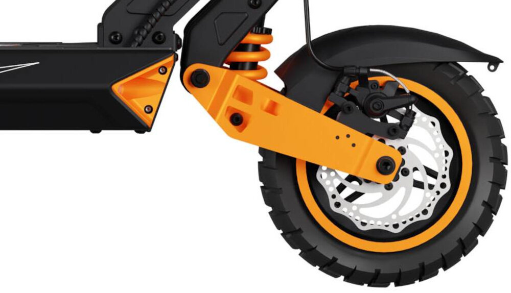 Hulajnoga elektryczna KAMIKAZE K1 60km 1000W 10 cali Czarny zbliżenie na przednie koło 10-calowe opony bezdętkowe lepsza przyczepność i stabilność na różnych nawierzchniach konstrukcja bezdętkowa minimalizuje ryzyko przebicia gruby bieżnik