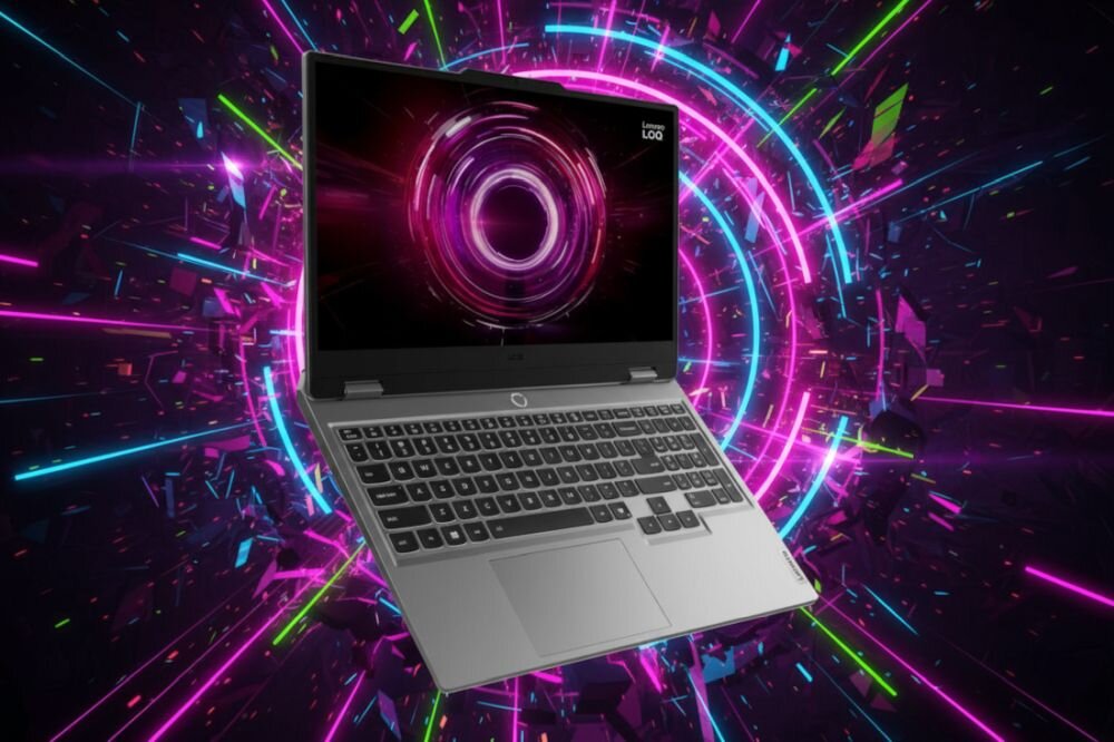 Laptop gamingowy Lenovo LOQ 15AHP10 z podświetlaną klawiaturą RGB na tle futurystycznej grafiki, ekran z motywem energetycznego pierścienia, logo Lenovo po prawej stronie.  