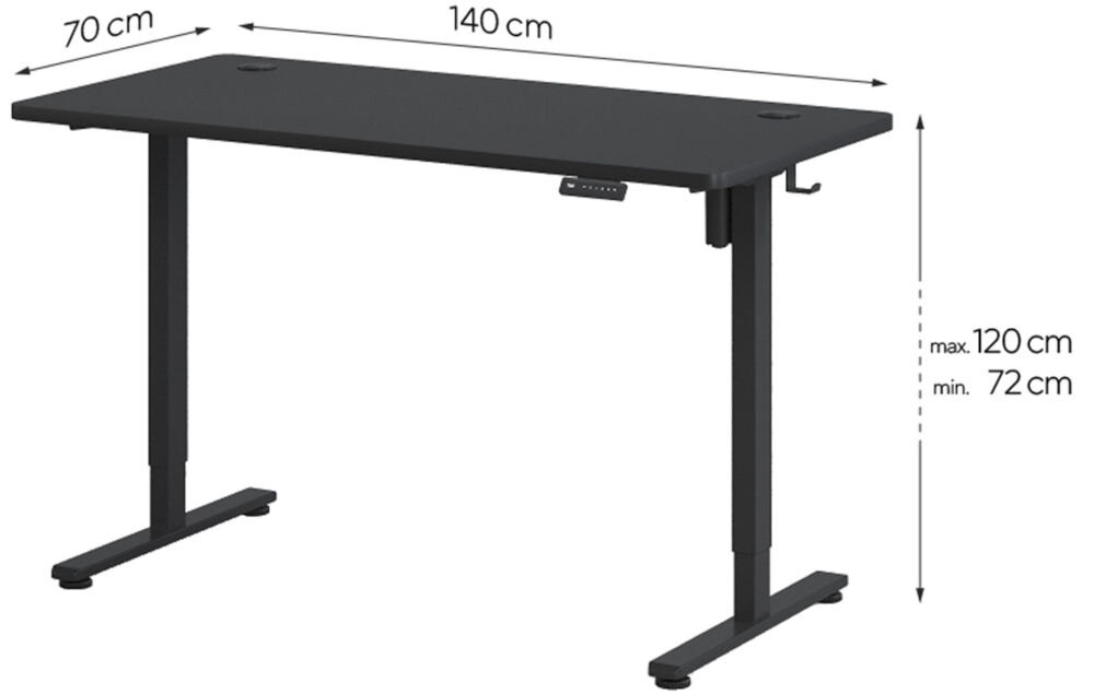 Biurko KENOKO Ibuki 140 x 70 cm Czarny prezentacja biurka na białym tle z wymiarami średnie przestrzenie regulowana wysokość zakres dopasowanie biurka stabilność komfort użytkowania