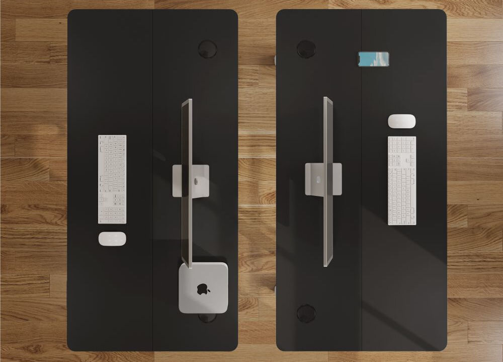 Biurko KENOKO Ibuki 140 x 70 cm Czarny pokazanie biurek od góry na drewnianej podłodze na biurkach monitory i akcesoria solidna konstrukcja obciążenie do 70 kg komfortowa praca certyfikat CE wysoka jakość wykonania