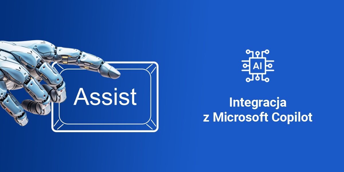 Obraz przedstawia mechaniczną rękę wskazującą na przycisk z napisem \'Assist\'. Obok znajduje się ikona z napisem \'AI\' oraz tekst \'Integracja z Microsoft Copilot\' na niebieskim tle.