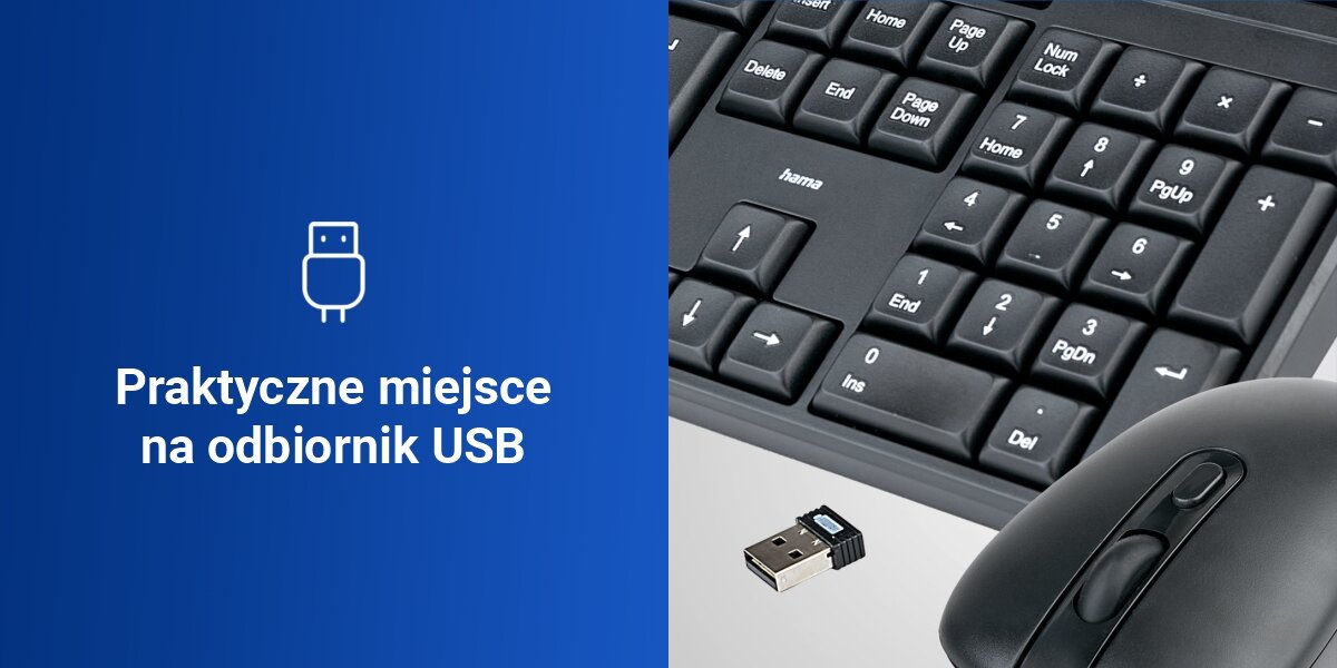 Obraz przedstawia klawiaturę i myszkę z odbiornikiem USB na białym tle. Po lewej stronie znajduje się niebieskie tło z ikoną USB i tekstem \'Praktyczne miejsce na odbiornik USB\'.