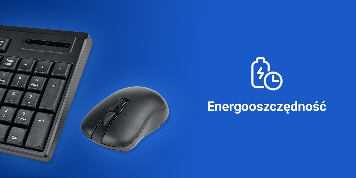 Na niebieskim tle widoczna jest czarna klawiatura numeryczna i myszka. Obok znajduje się ikona baterii z zegarem oraz napis \'Energooszczędność\'.