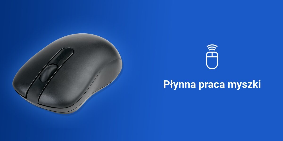 Na niebieskim tle znajduje się czarna mysz komputerowa oraz biały symbol myszy z napisem \'Płynna praca myszki\'.