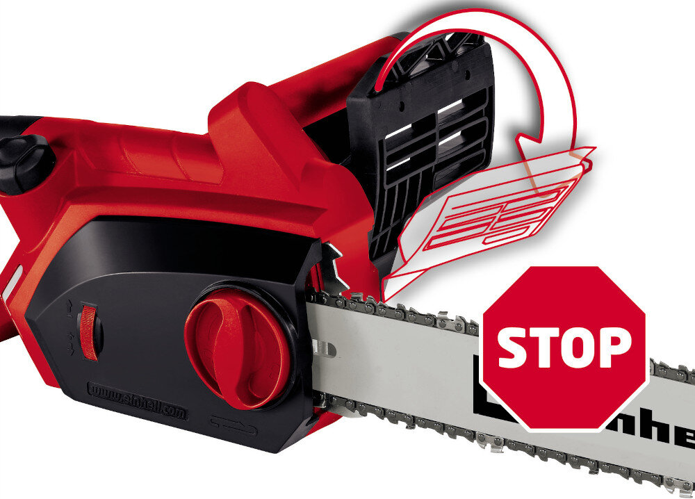 Piła elektryczna EINHELL GH-EC 1835 mechanizm hamulca lancucha natychmiastowo zatrzymuje lancuch minimalizuje ryzyko wypadkow i obrazen